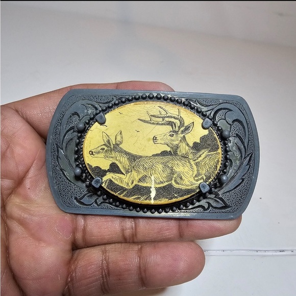 Vintage Carved Like Deer Stag Belt Buckle Rectangle Shaped Scroll Design - Picture 1 of 9